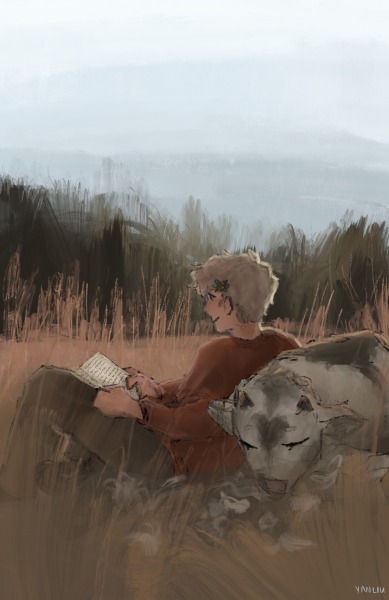 A drawing of Tommy and Henry the cow in a pasture. Tommy is leaning against a sleeping Henry, reading a book.